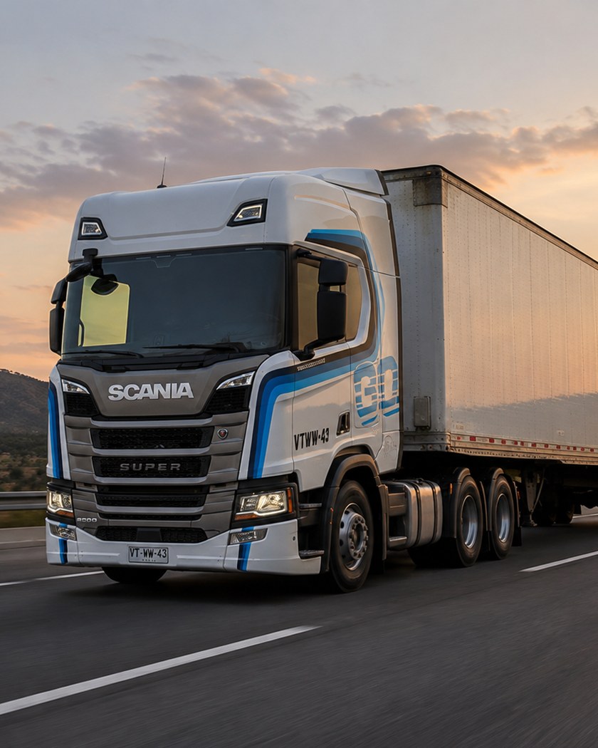 Scania de Transporte JJC en carretera al atardecer